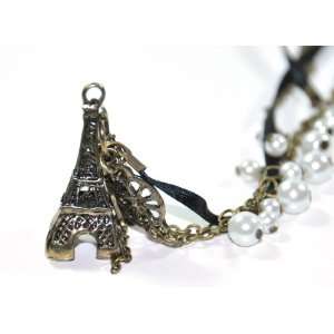   vintage bronze Eiffel Tower faux pearl long necklace jewelry bead